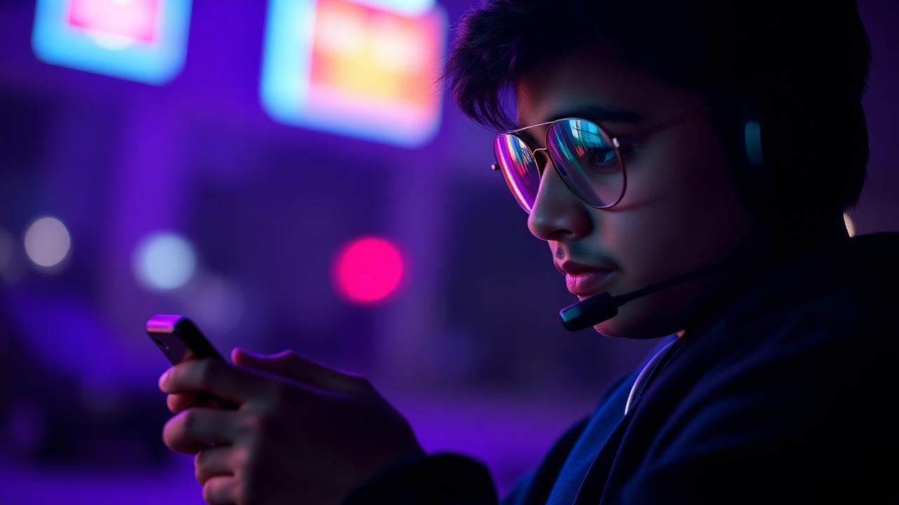 Pakistani gamer with headset at night